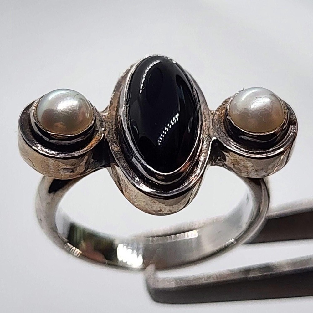 Artisan Handmade Black Onyx & Pearl Ring Women Size 6 Silver Bohemian Statement